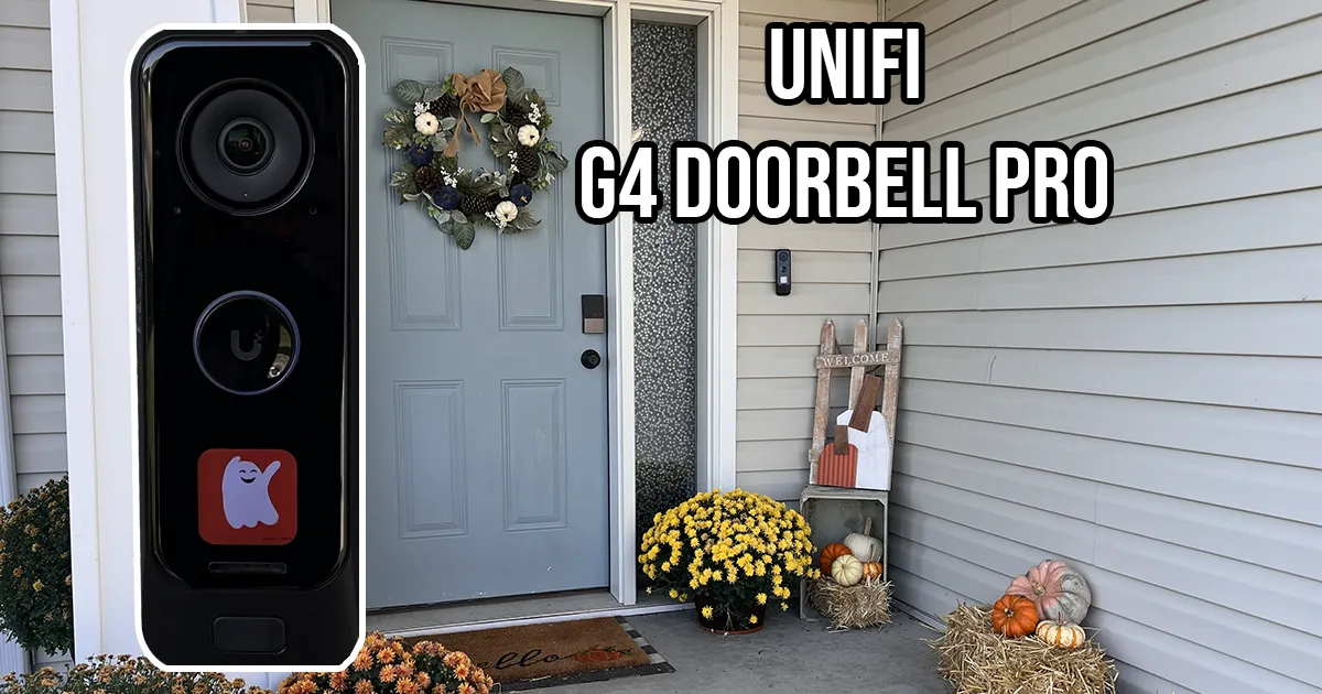 UniFi G4 Doorbell Pro mounted beside an Aqara smart lock on a fall-decorated front porch.