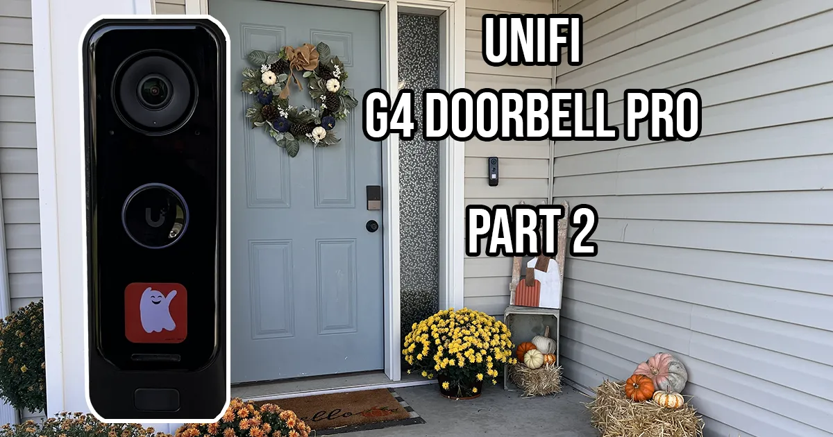 UniFi G4 Doorbell Pro mounted at a front door with fall decorations and overlay text: Part 2