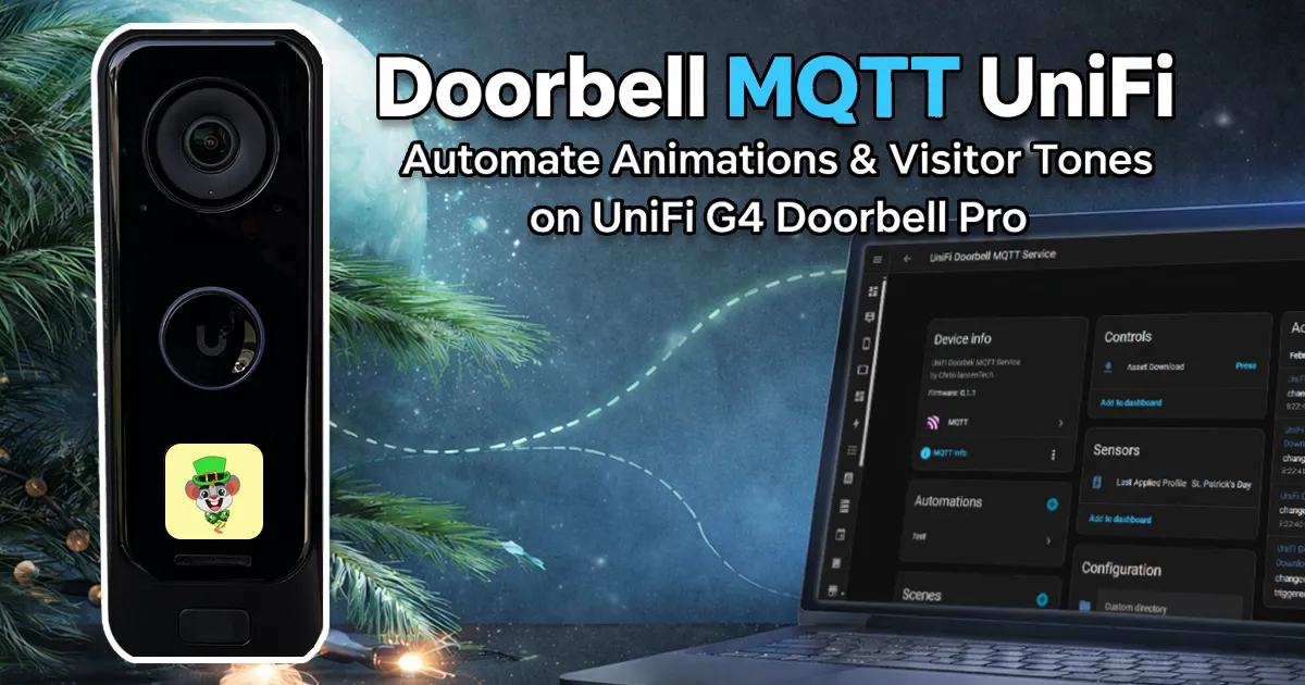 Hero banner showing a UniFi G4 Doorbell Pro with a St. Patrick’s Day animation on the screen alongside a laptop displaying the Doorbell MQTT UniFi interface.